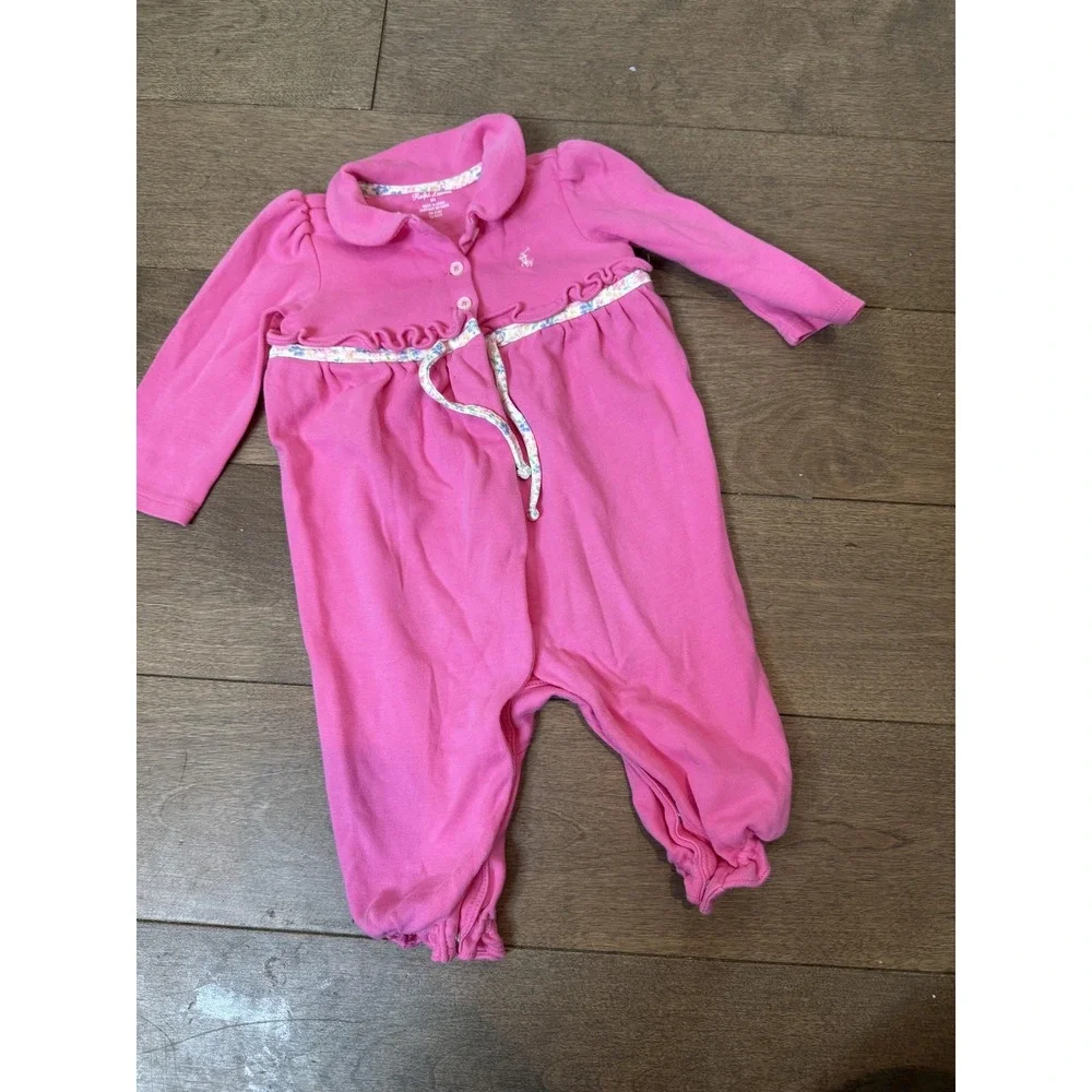 Ralph Lauren Romper Baby Girls 6M Pink Long Sleeve Peter Pan‎ Collar Polo Pony